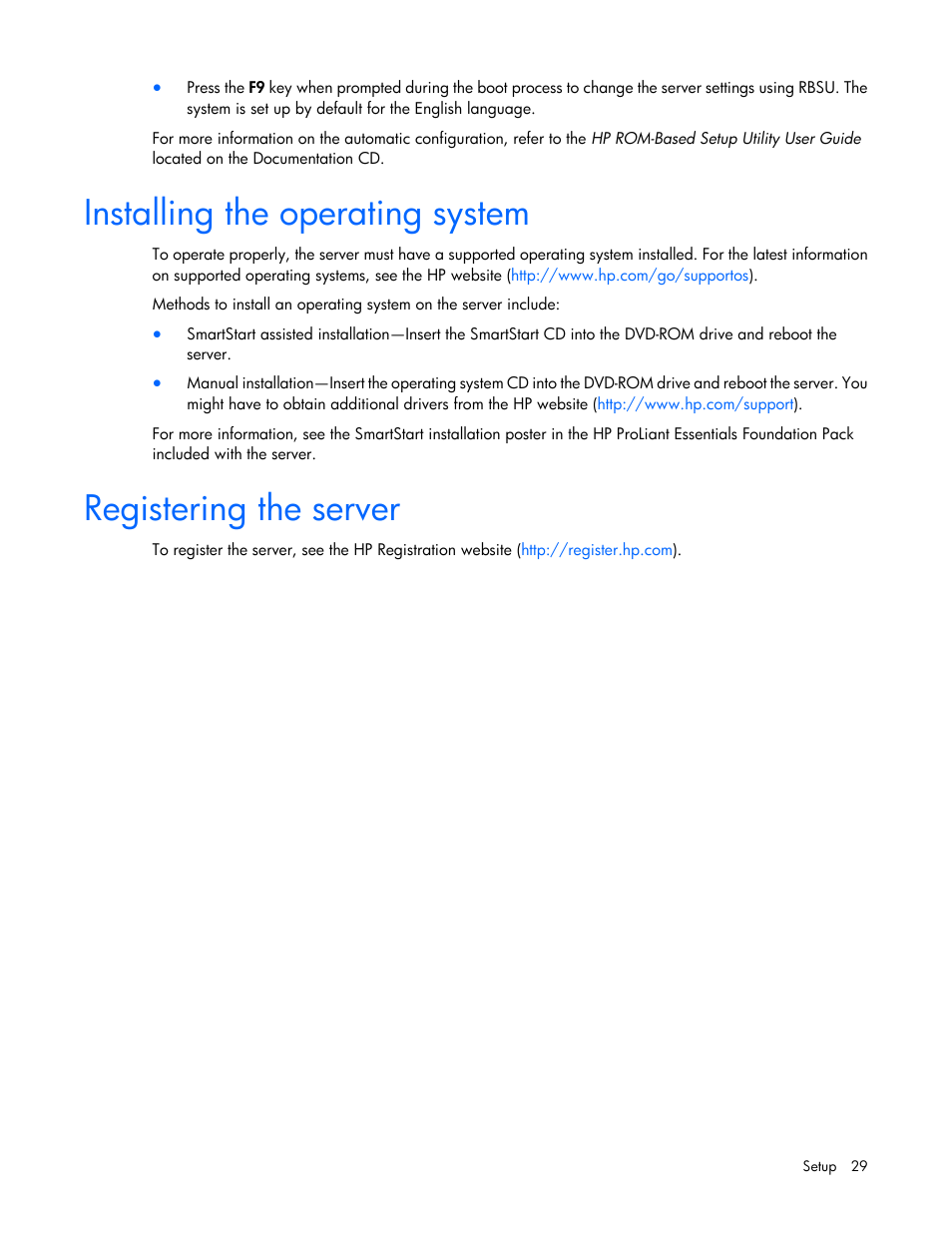 Installing the operating system, Registering the server | HP ProLiant ML110 G7 Server User Manual | Page 29 / 113