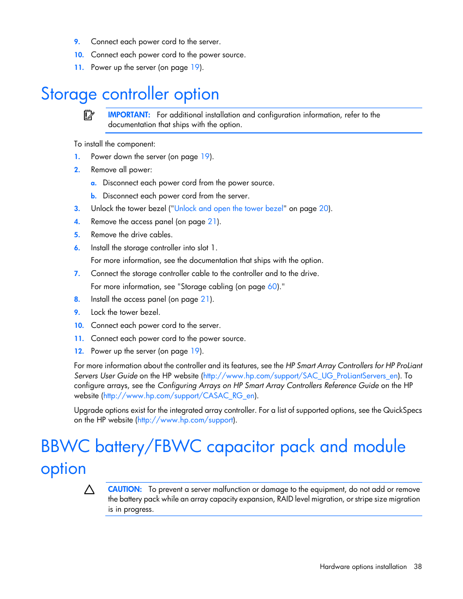 Storage controller option, Bbwc battery/fbwc capacitor pack and module option | HP ProLiant ML110 G7 Server User Manual | Page 38 / 113