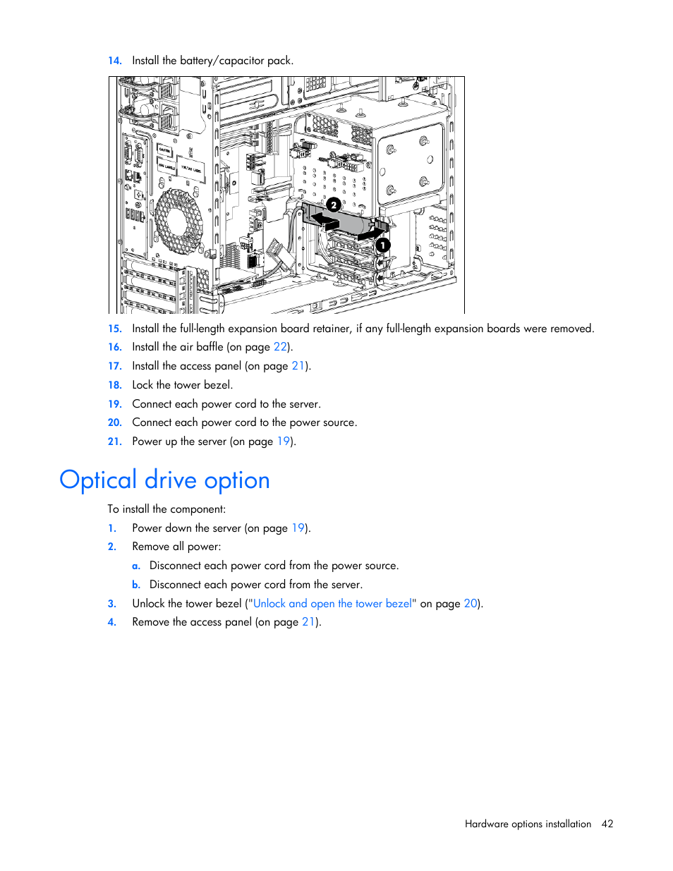 Optical drive option | HP ProLiant ML110 G7 Server User Manual | Page 42 / 113