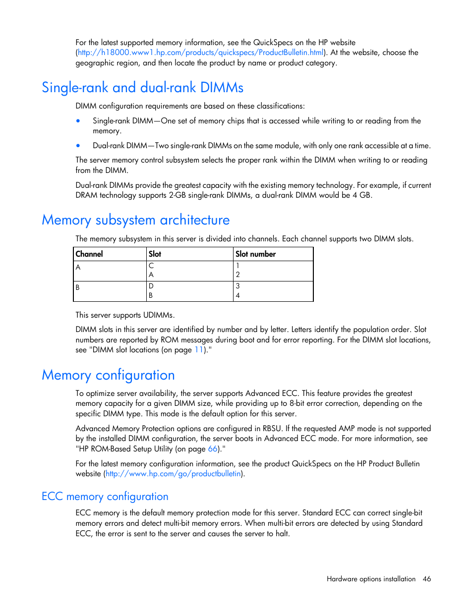 Single-rank and dual-rank dimms, Memory subsystem architecture, Memory configuration | Ecc memory configuration | HP ProLiant ML110 G7 Server User Manual | Page 46 / 113