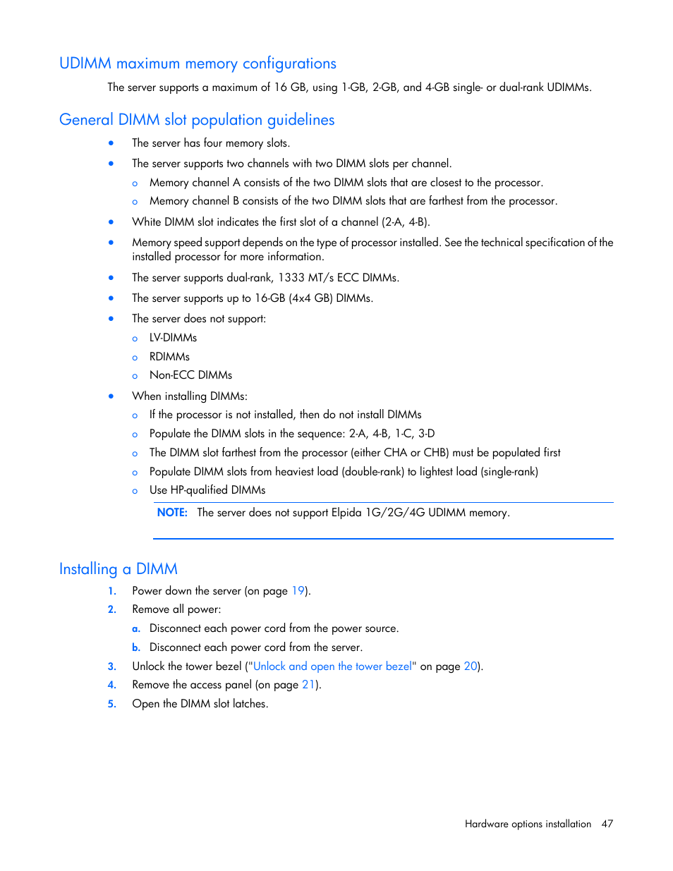 Udimm maximum memory configurations, General dimm slot population guidelines, Installing a dimm | HP ProLiant ML110 G7 Server User Manual | Page 47 / 113