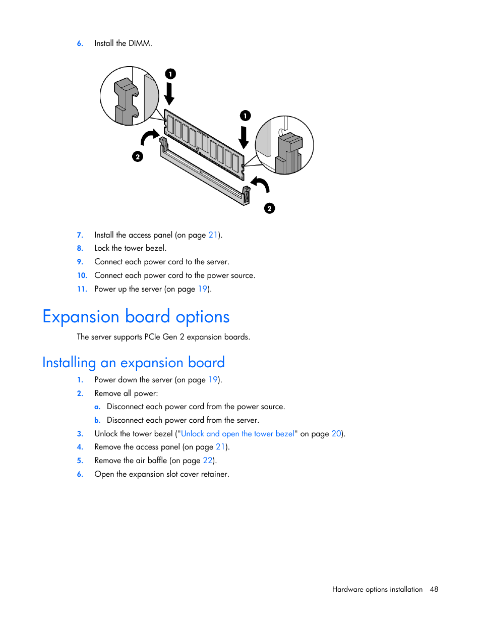 Expansion board options, Installing an expansion board, Expansion board | Options | HP ProLiant ML110 G7 Server User Manual | Page 48 / 113