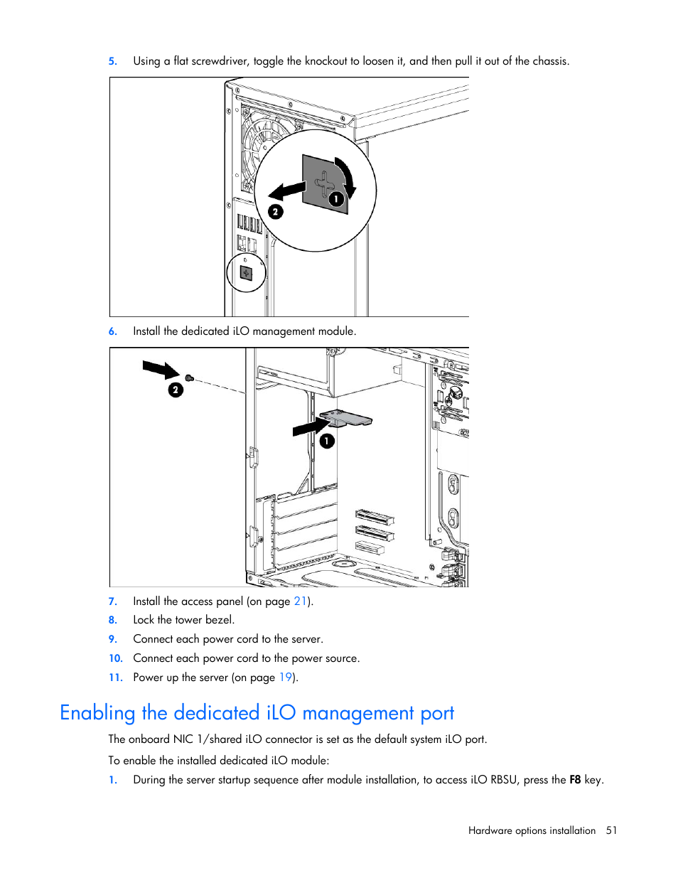 Enabling the dedicated ilo management port | HP ProLiant ML110 G7 Server User Manual | Page 51 / 113