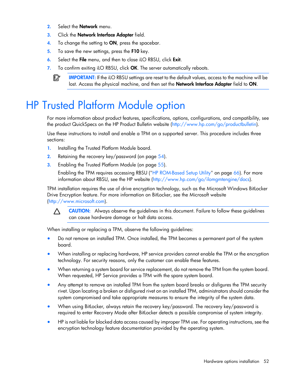 Hp trusted platform module option | HP ProLiant ML110 G7 Server User Manual | Page 52 / 113
