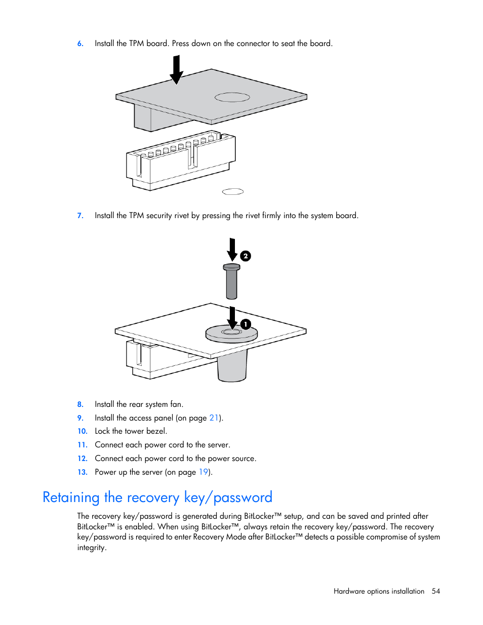 Retaining the recovery key/password | HP ProLiant ML110 G7 Server User Manual | Page 54 / 113