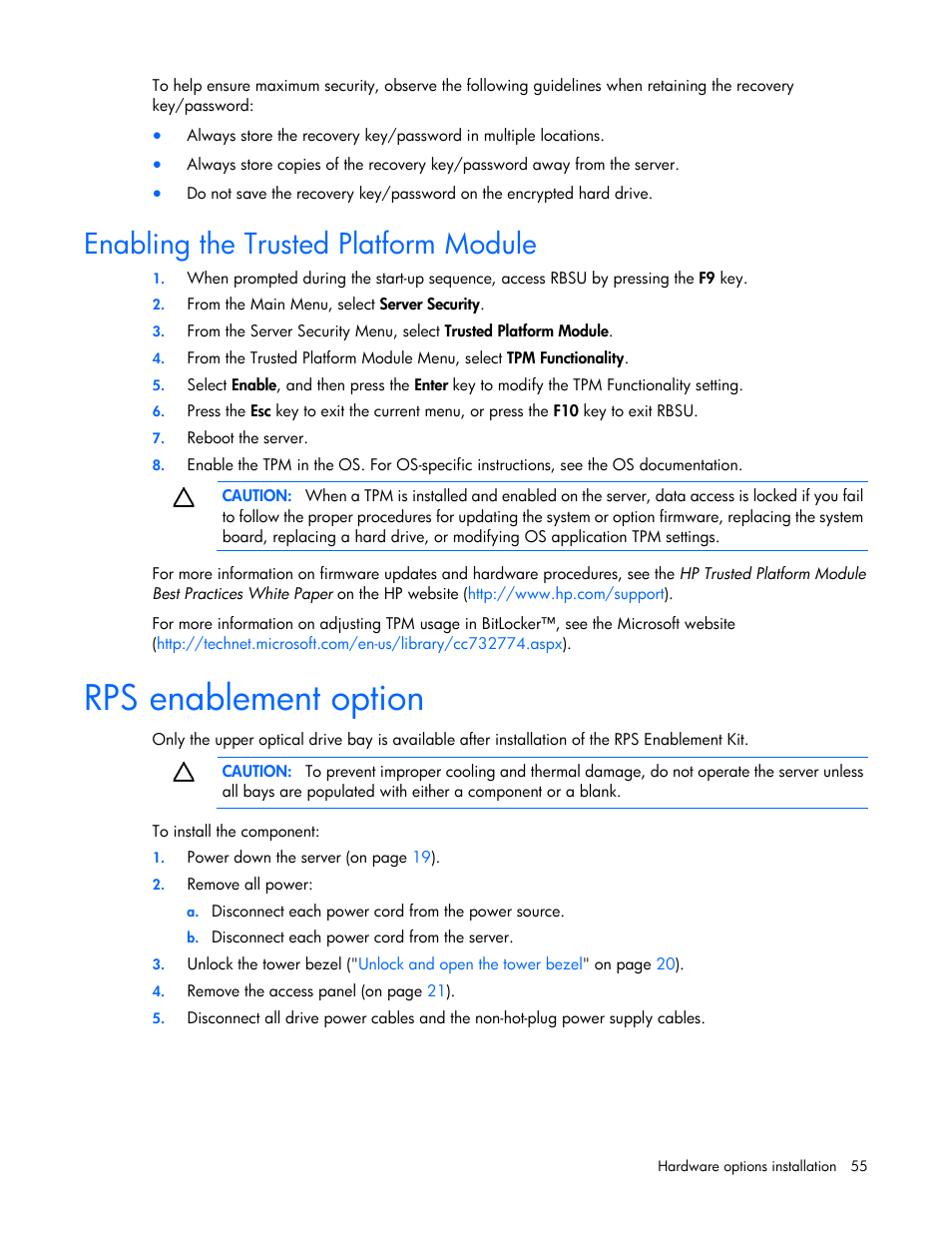 Enabling the trusted platform module, Rps enablement option | HP ProLiant ML110 G7 Server User Manual | Page 55 / 113