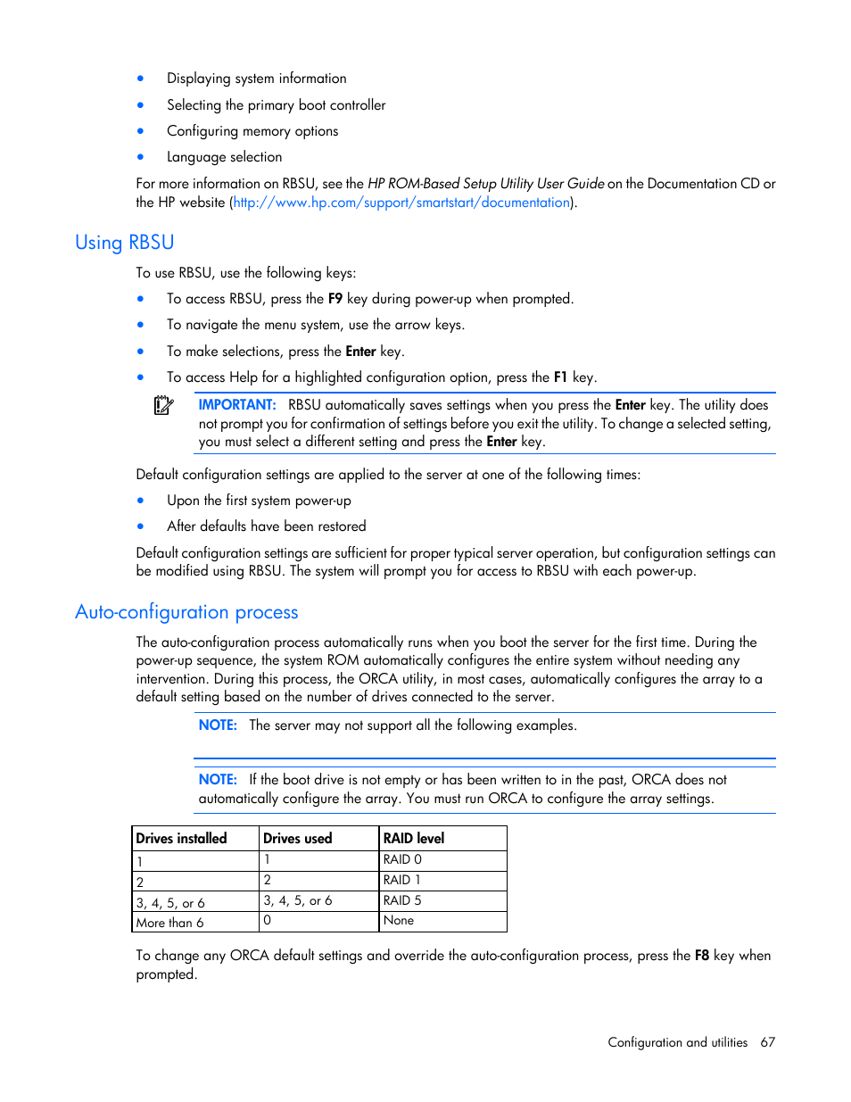 Using rbsu, Auto-configuration process | HP ProLiant ML110 G7 Server User Manual | Page 67 / 113