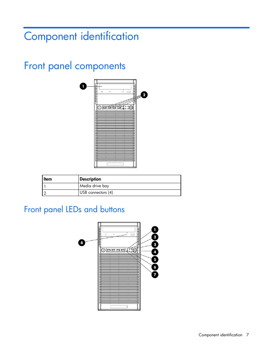 Component identification, Front panel components, Front panel leds and buttons | HP ProLiant ML110 G7 Server User Manual | Page 7 / 113