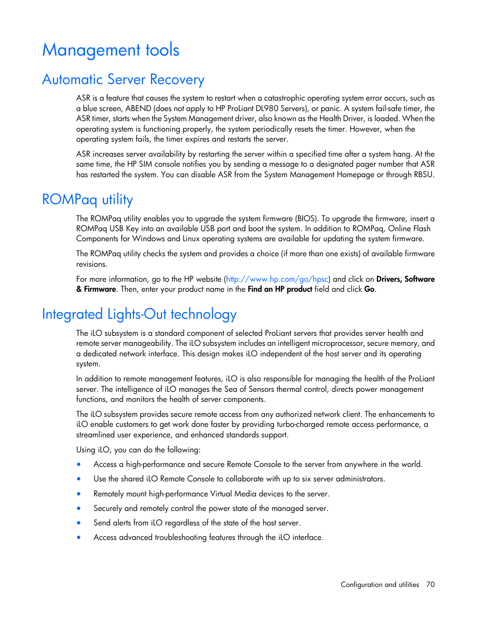 Management tools, Automatic server recovery, Rompaq utility | Integrated lights-out technology | HP ProLiant ML110 G7 Server User Manual | Page 70 / 113