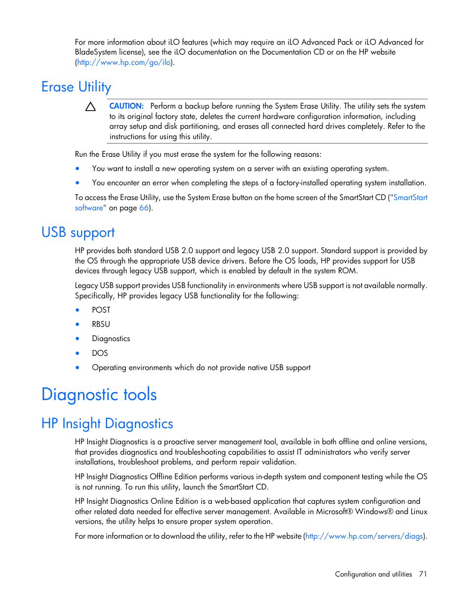 Erase utility, Usb support, Diagnostic tools | Hp insight diagnostics | HP ProLiant ML110 G7 Server User Manual | Page 71 / 113