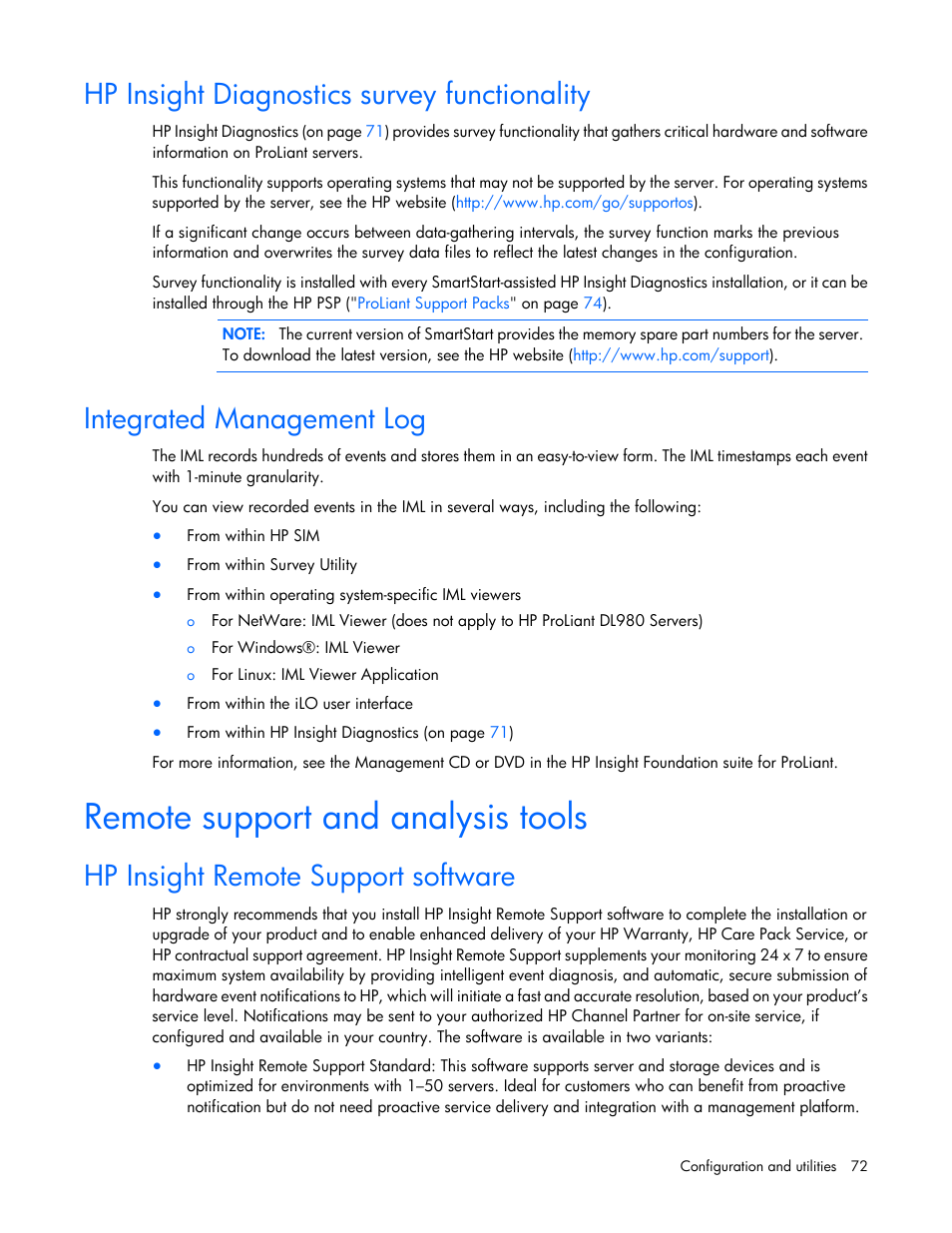 Hp insight diagnostics survey functionality, Integrated management log, Remote support and analysis tools | Hp insight remote support software | HP ProLiant ML110 G7 Server User Manual | Page 72 / 113