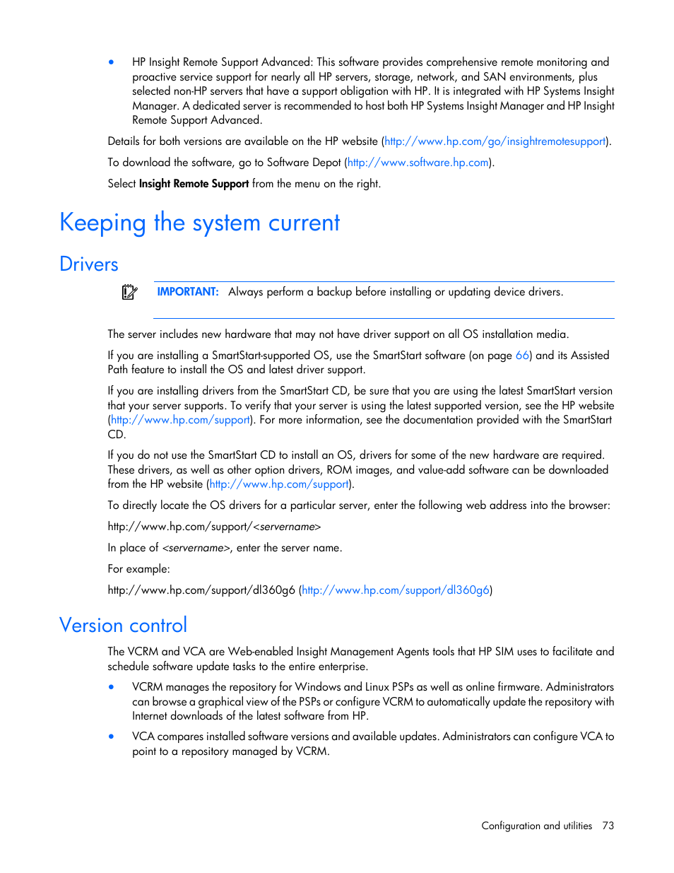 Keeping the system current, Drivers, Version control | HP ProLiant ML110 G7 Server User Manual | Page 73 / 113