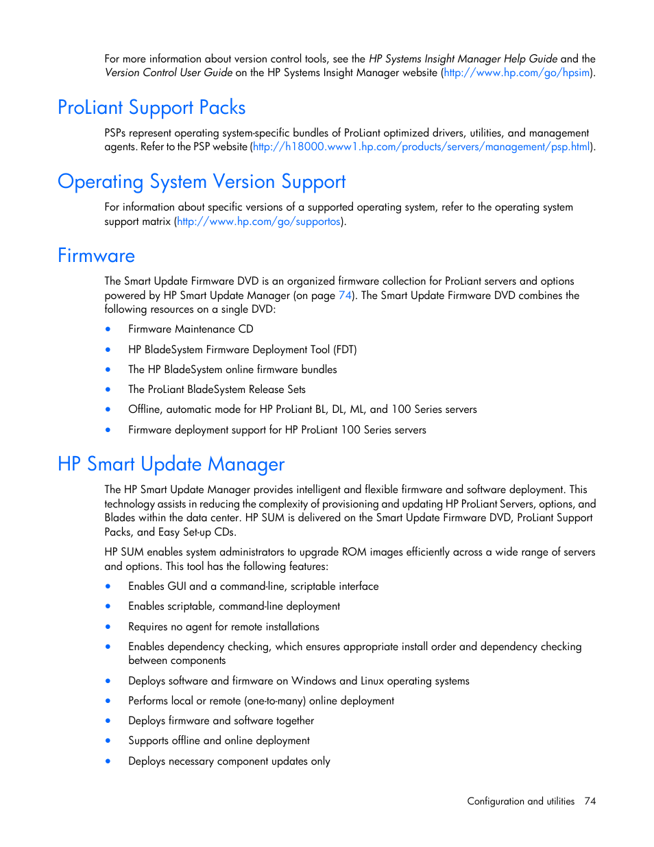 Proliant support packs, Operating system version support, Firmware | Hp smart update manager | HP ProLiant ML110 G7 Server User Manual | Page 74 / 113