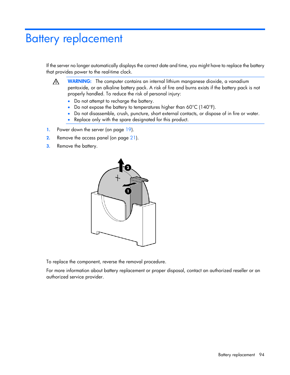 Battery replacement | HP ProLiant ML110 G7 Server User Manual | Page 94 / 113