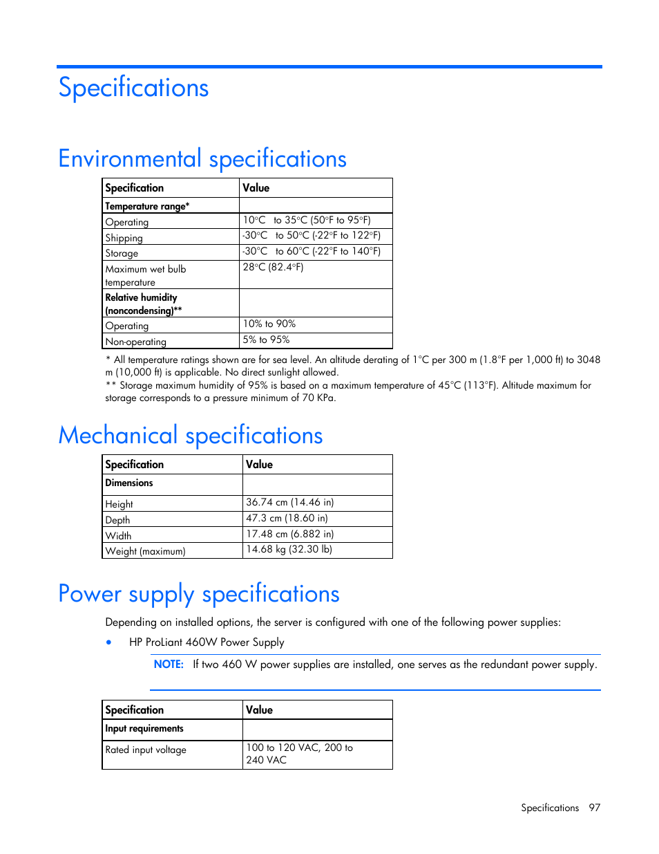Specifications, Environmental specifications, Mechanical specifications | Power supply specifications | HP ProLiant ML110 G7 Server User Manual | Page 97 / 113
