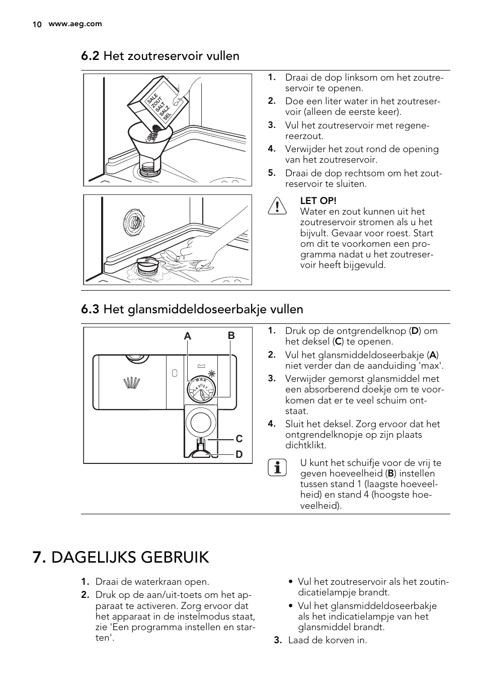 Dagelijks gebruik, 2 het zoutreservoir vullen, 3 het glansmiddeldoseerbakje vullen | AEG F67032W0P User Manual | Page 10 / 68