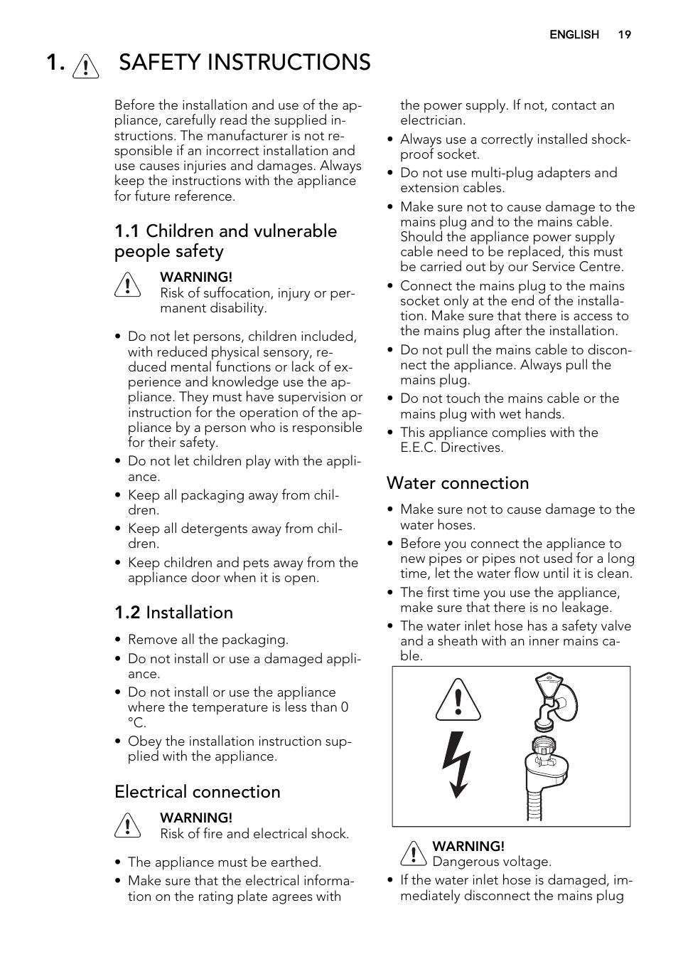 Safety instructions, 1 children and vulnerable people safety, 2 installation | Electrical connection, Water connection | AEG F67032W0P User Manual | Page 19 / 68