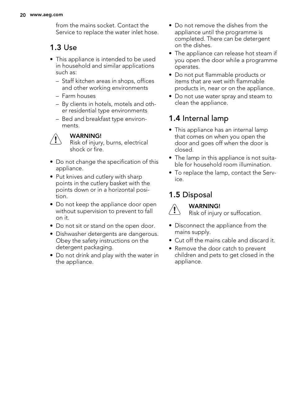3 use, 4 internal lamp, 5 disposal | AEG F67032W0P User Manual | Page 20 / 68