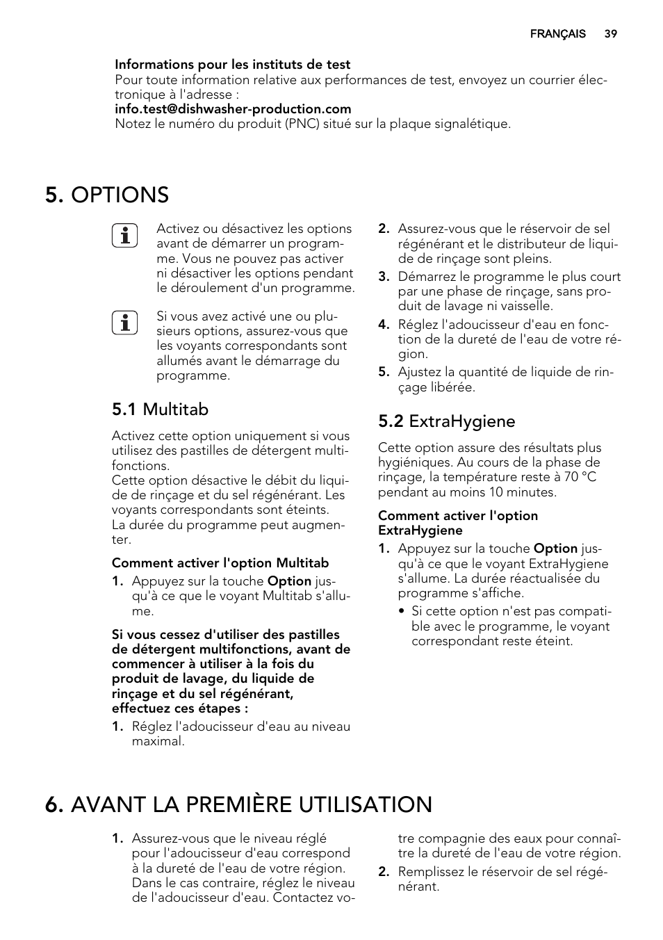 Options, Avant la première utilisation, 1 multitab | 2 extrahygiene | AEG F67032W0P User Manual | Page 39 / 68