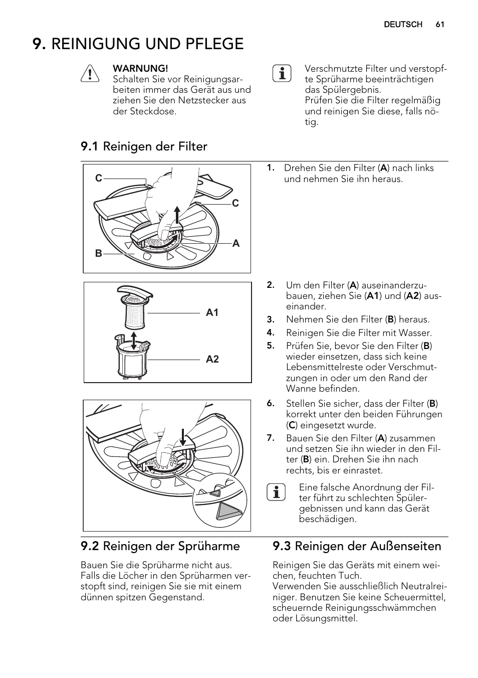 Reinigung und pflege, 1 reinigen der filter, 2 reinigen der sprüharme | 3 reinigen der außenseiten | AEG F67032W0P User Manual | Page 61 / 68