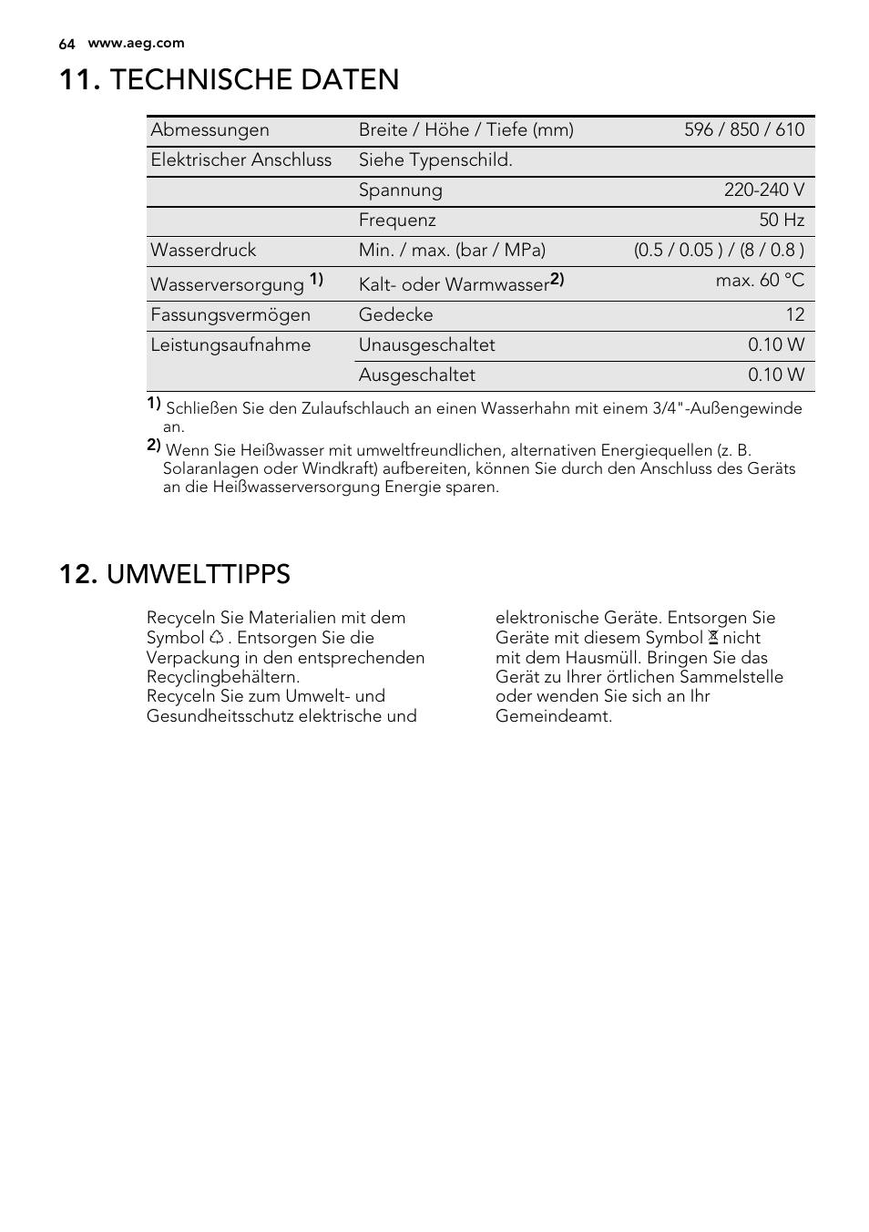 Technische daten, Umwelttipps | AEG F67032W0P User Manual | Page 64 / 68
