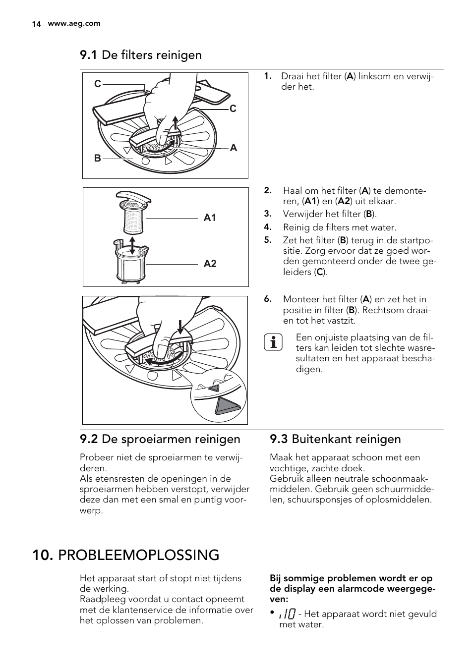 Probleemoplossing, 1 de filters reinigen, 2 de sproeiarmen reinigen | 3 buitenkant reinigen | AEG F77012W0P User Manual | Page 14 / 76