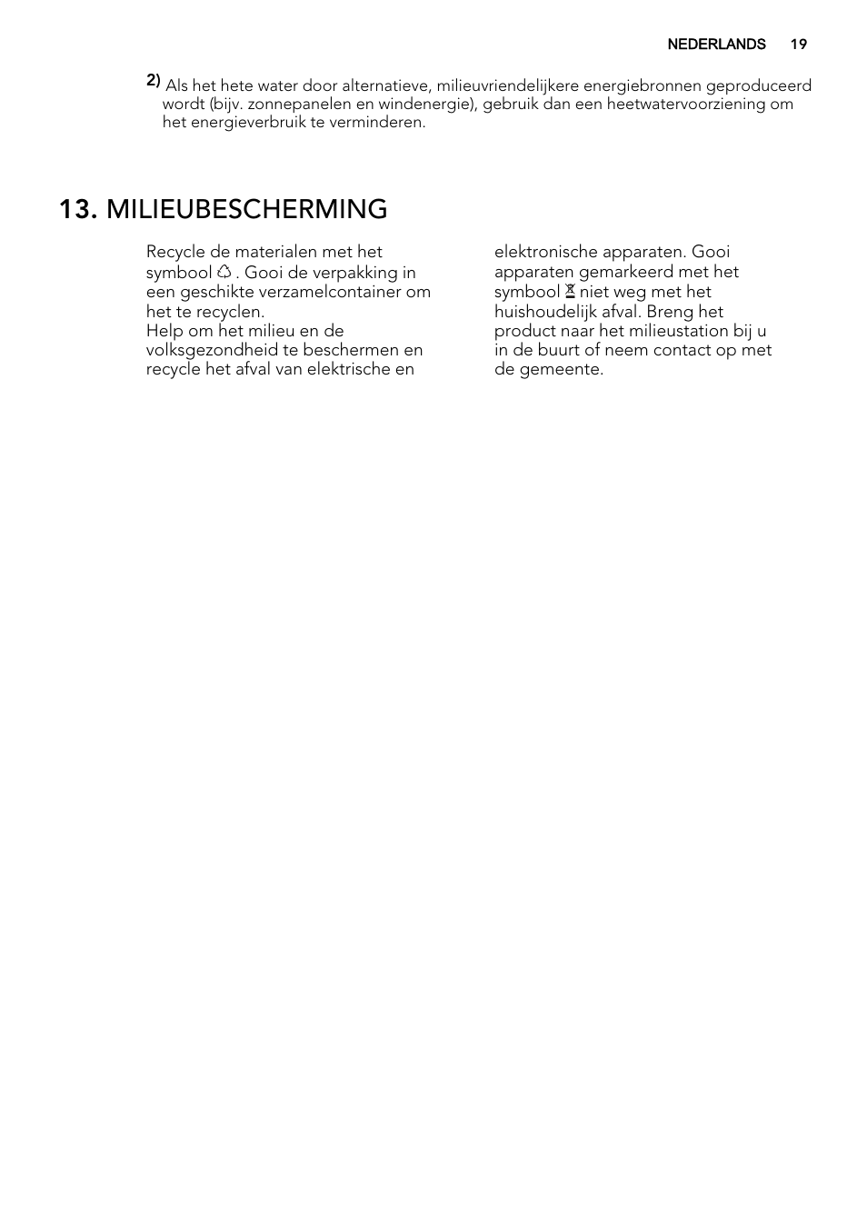 Milieubescherming | AEG F77012W0P User Manual | Page 19 / 76