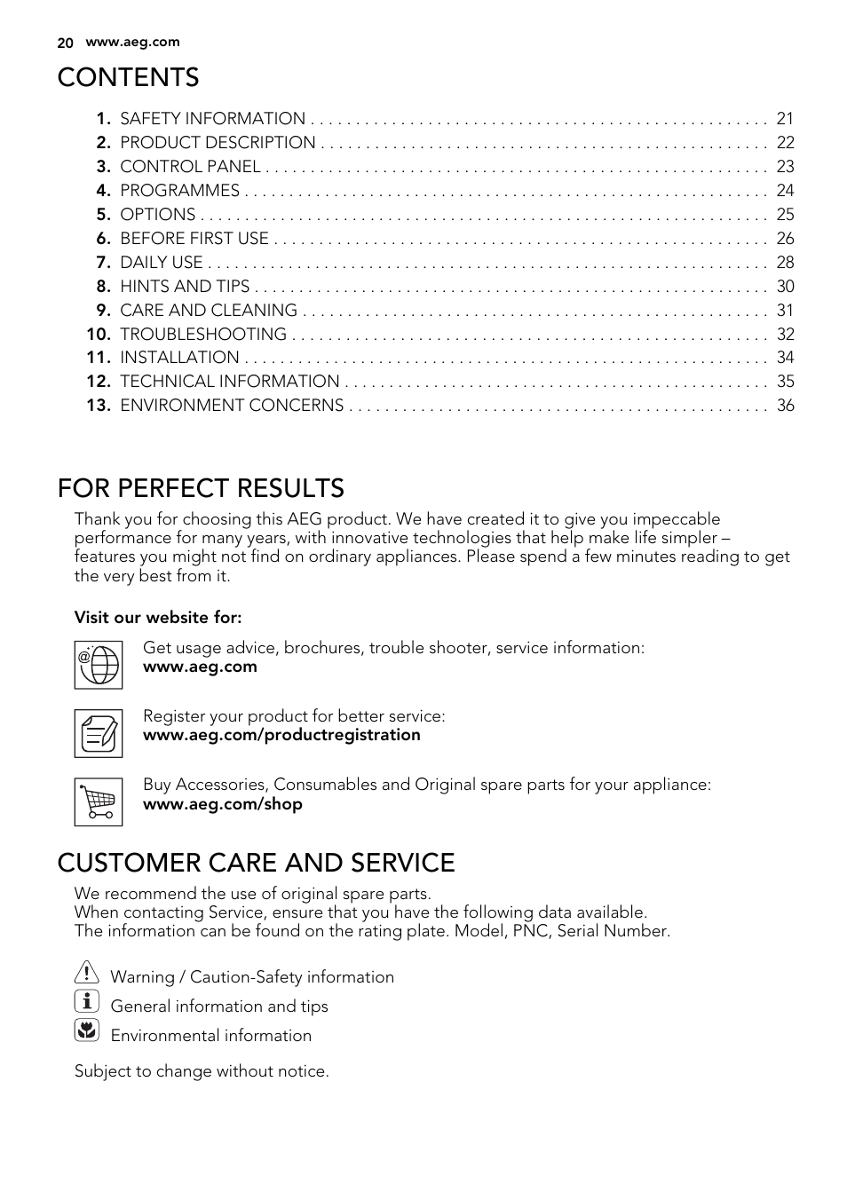 AEG F77012W0P User Manual | Page 20 / 76