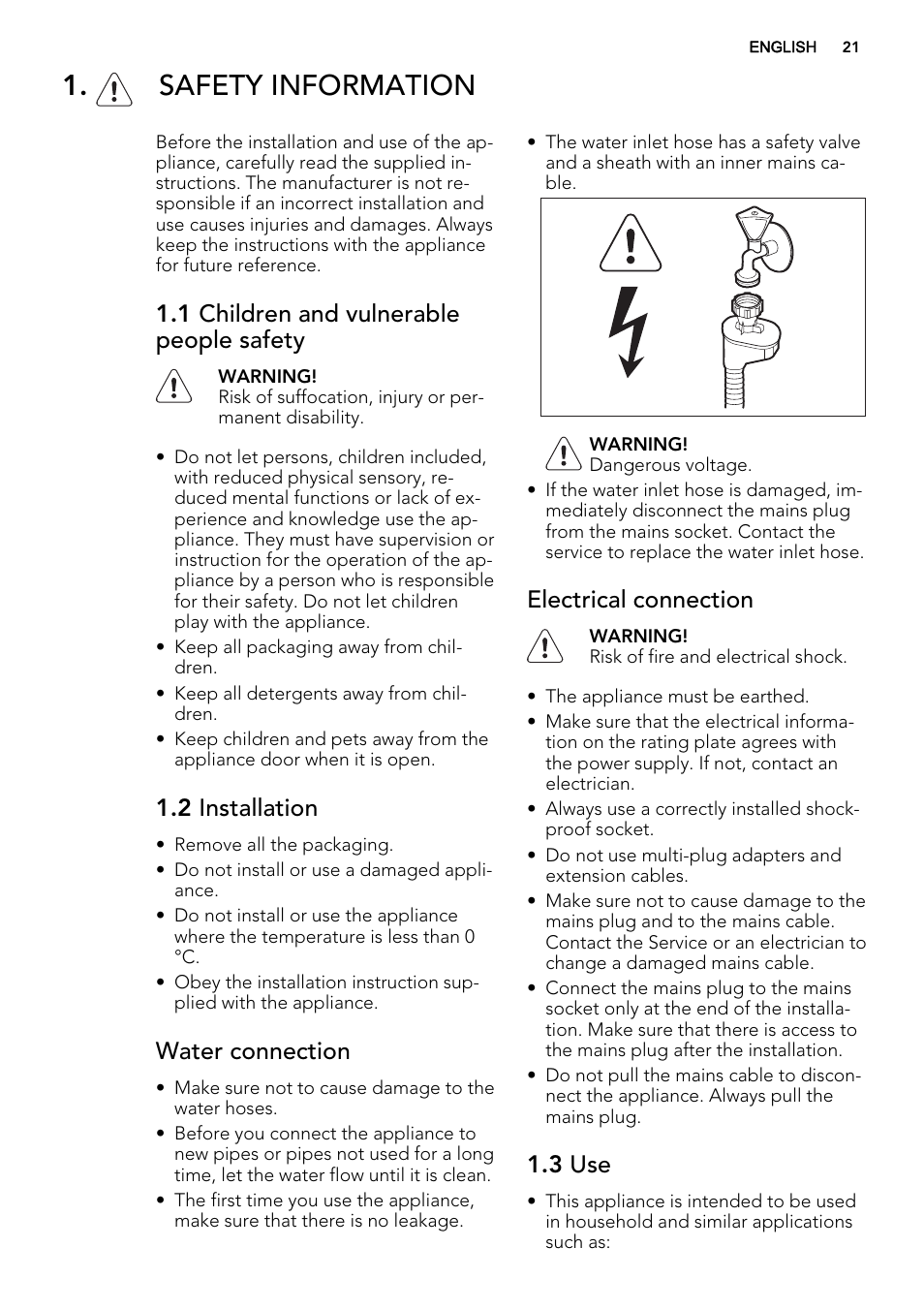 Safety information, 1 children and vulnerable people safety, 2 installation | Water connection, Electrical connection, 3 use | AEG F77012W0P User Manual | Page 21 / 76