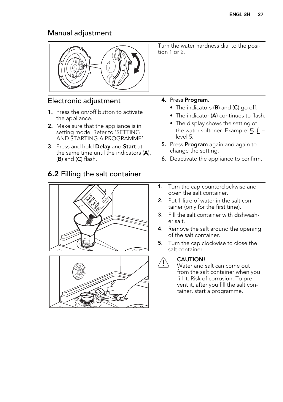 Manual adjustment, Electronic adjustment, 2 filling the salt container | AEG F77012W0P User Manual | Page 27 / 76