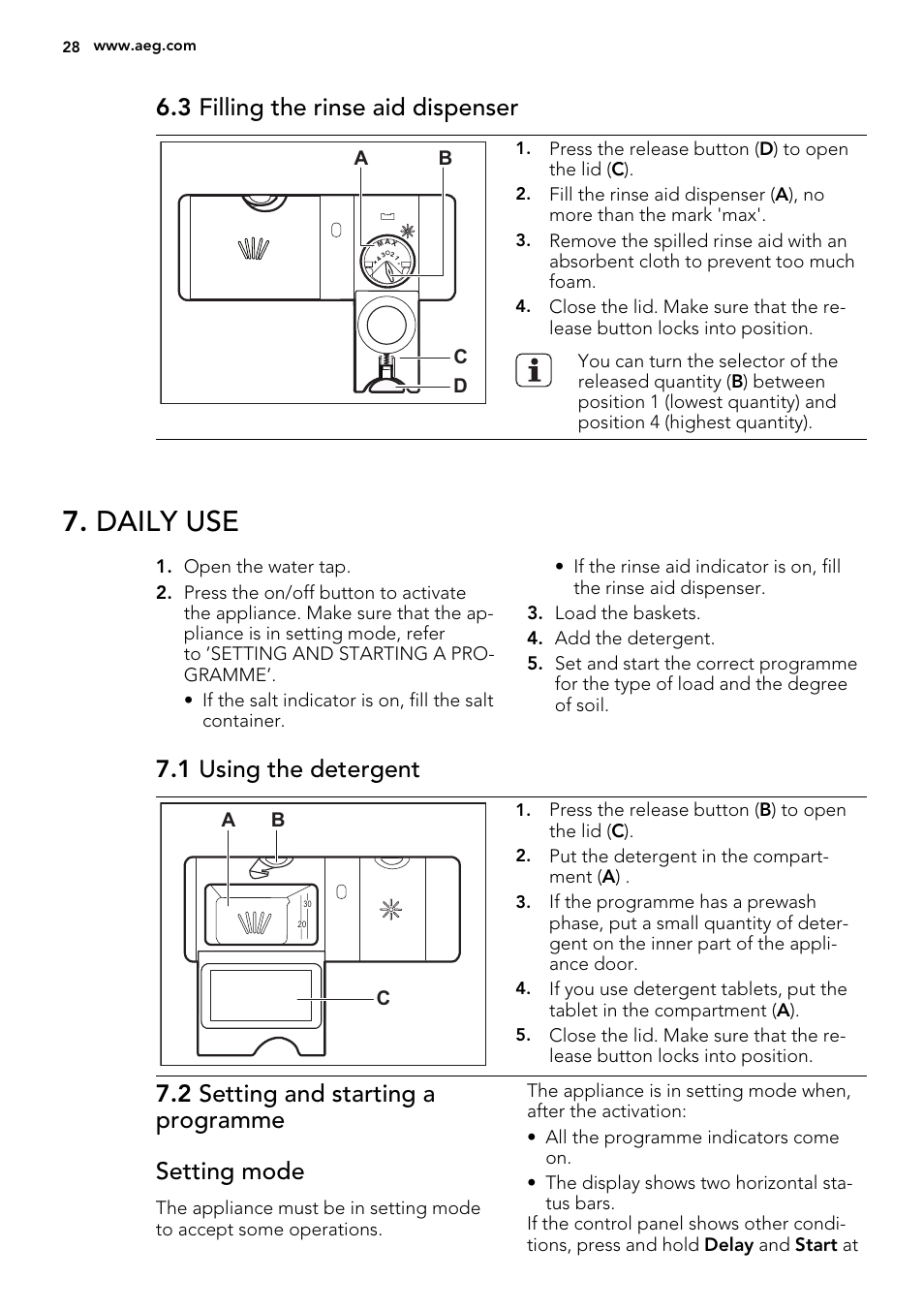 Daily use, 3 filling the rinse aid dispenser, 1 using the detergent | 2 setting and starting a programme setting mode, Ab d c, Ab c | AEG F77012W0P User Manual | Page 28 / 76