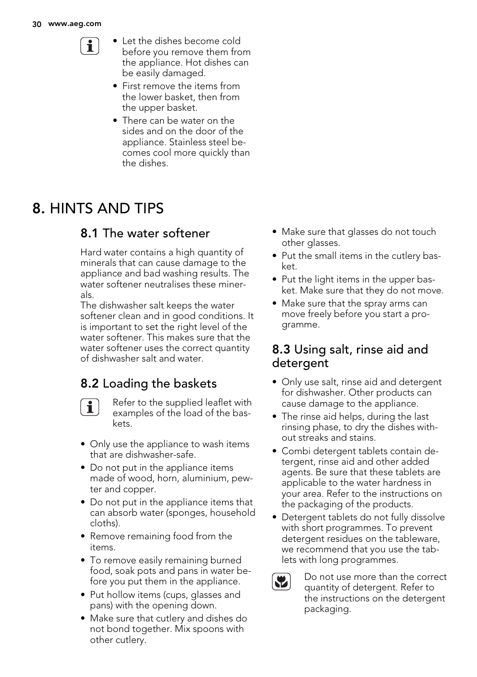 Hints and tips, 1 the water softener, 2 loading the baskets | 3 using salt, rinse aid and detergent | AEG F77012W0P User Manual | Page 30 / 76