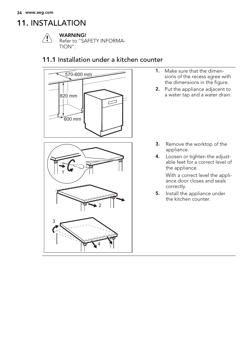 Installation, 1 installation under a kitchen counter | AEG F77012W0P User Manual | Page 34 / 76