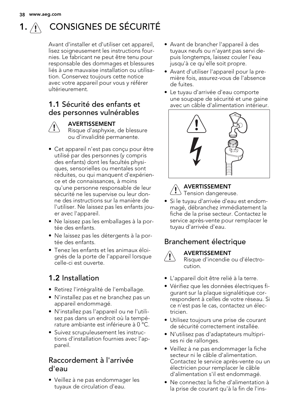 Consignes de sécurité, 2 installation, Raccordement à l'arrivée d'eau | Branchement électrique | AEG F77012W0P User Manual | Page 38 / 76