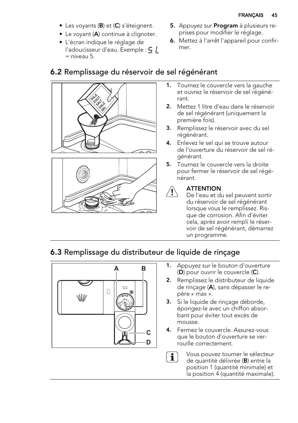 2 remplissage du réservoir de sel régénérant | AEG F77012W0P User Manual | Page 45 / 76