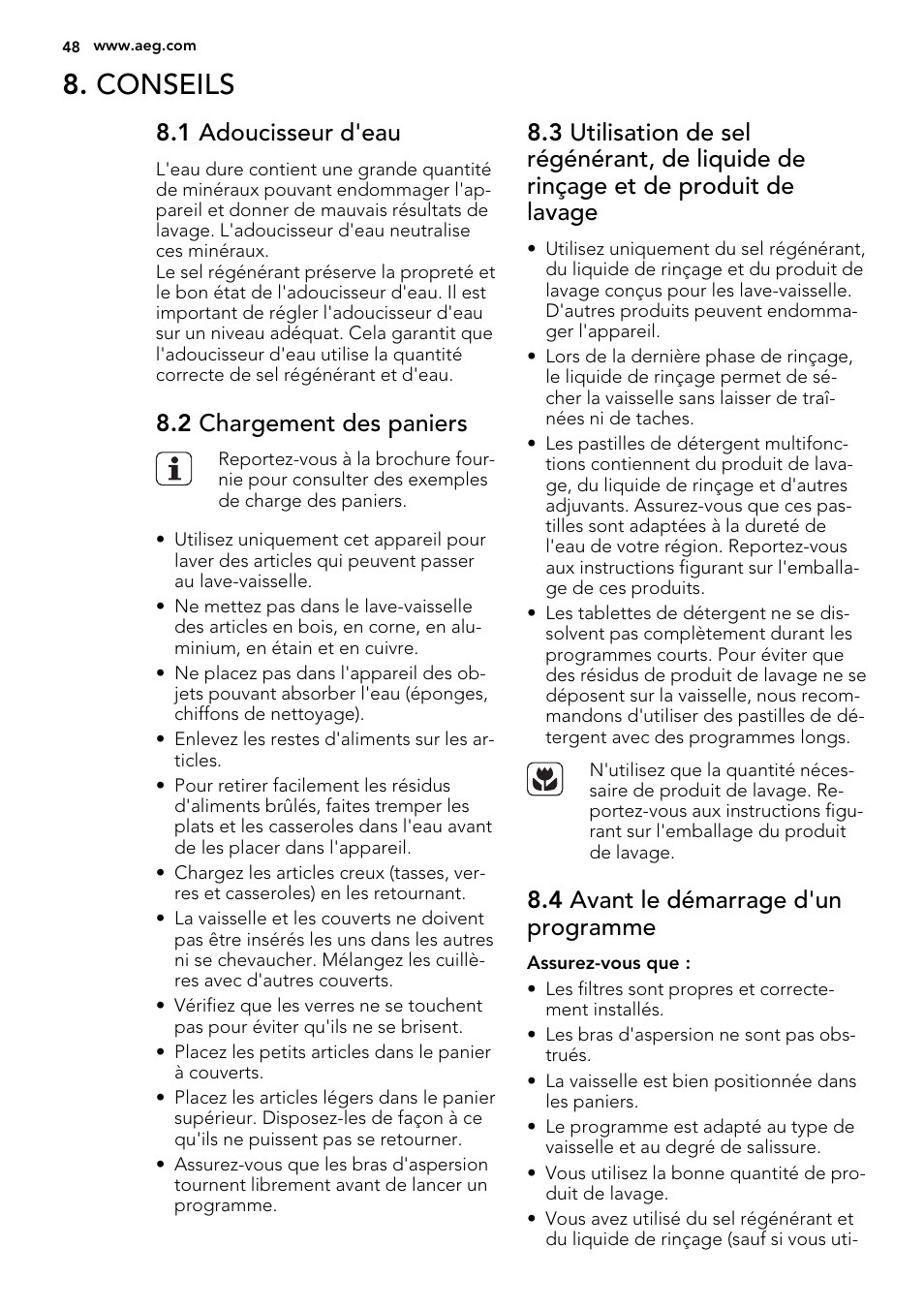 Conseils, 1 adoucisseur d'eau, 2 chargement des paniers | 4 avant le démarrage d'un programme | AEG F77012W0P User Manual | Page 48 / 76