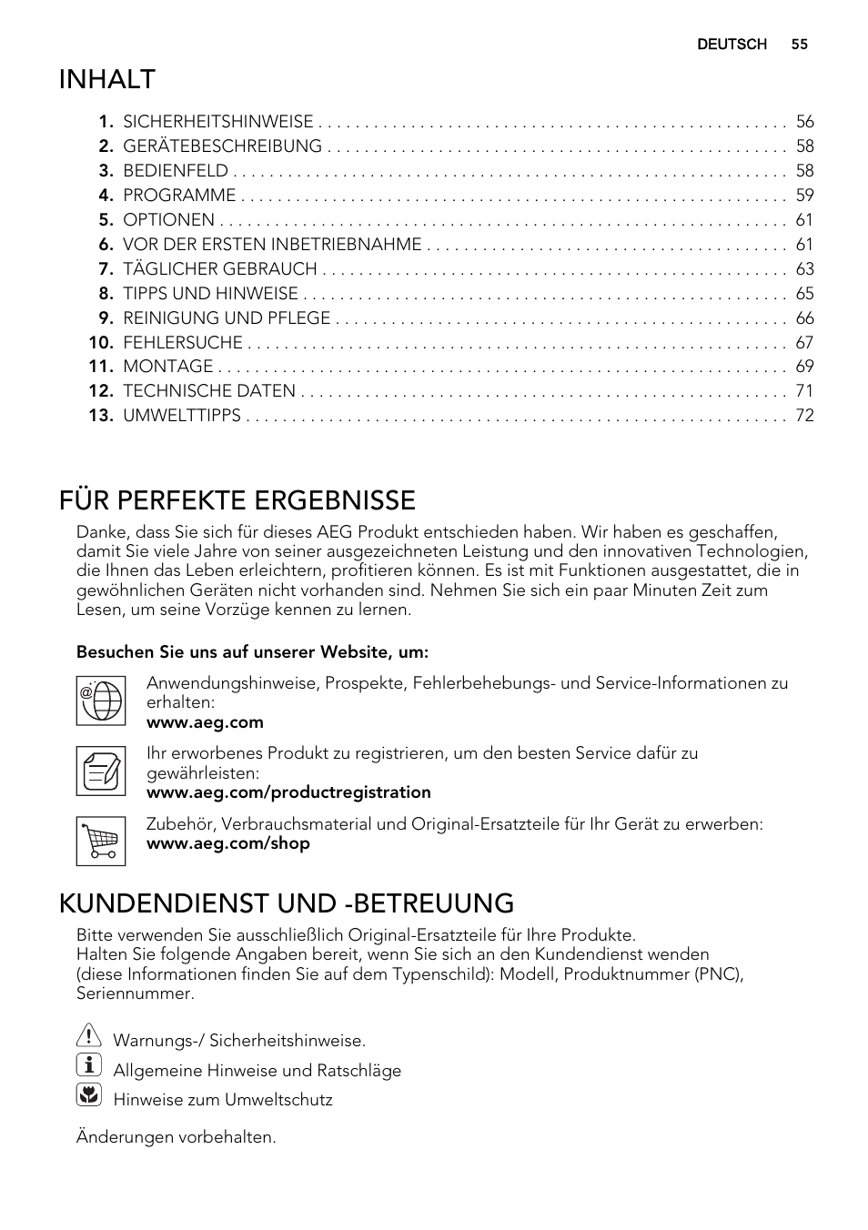 Inhalt, Für perfekte ergebnisse, Kundendienst und -betreuung | AEG F77012W0P User Manual | Page 55 / 76