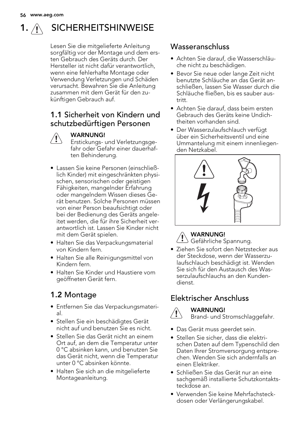 Sicherheitshinweise, 2 montage, Wasseranschluss | Elektrischer anschluss | AEG F77012W0P User Manual | Page 56 / 76