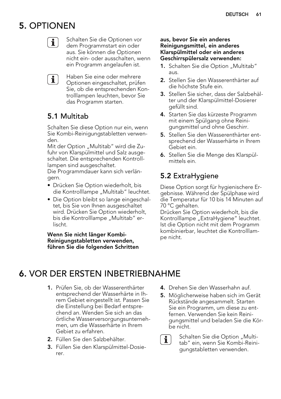 Optionen, Vor der ersten inbetriebnahme, 1 multitab | 2 extrahygiene | AEG F77012W0P User Manual | Page 61 / 76