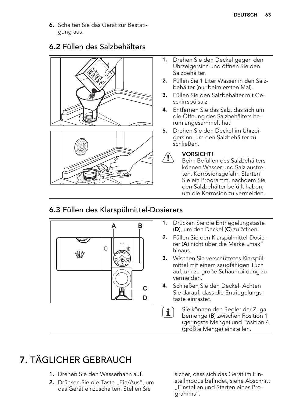 Täglicher gebrauch, 2 füllen des salzbehälters, 3 füllen des klarspülmittel-dosierers | AEG F77012W0P User Manual | Page 63 / 76