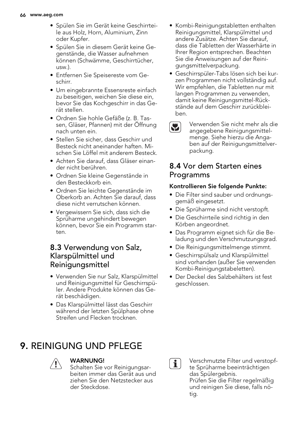 Reinigung und pflege, 4 vor dem starten eines programms | AEG F77012W0P User Manual | Page 66 / 76