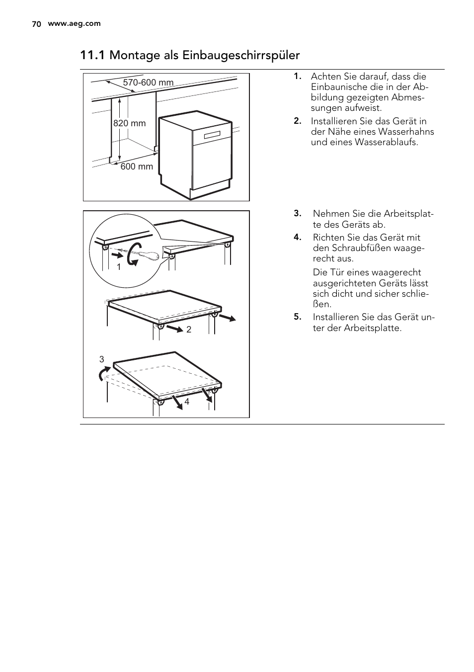 1 montage als einbaugeschirrspüler | AEG F77012W0P User Manual | Page 70 / 76