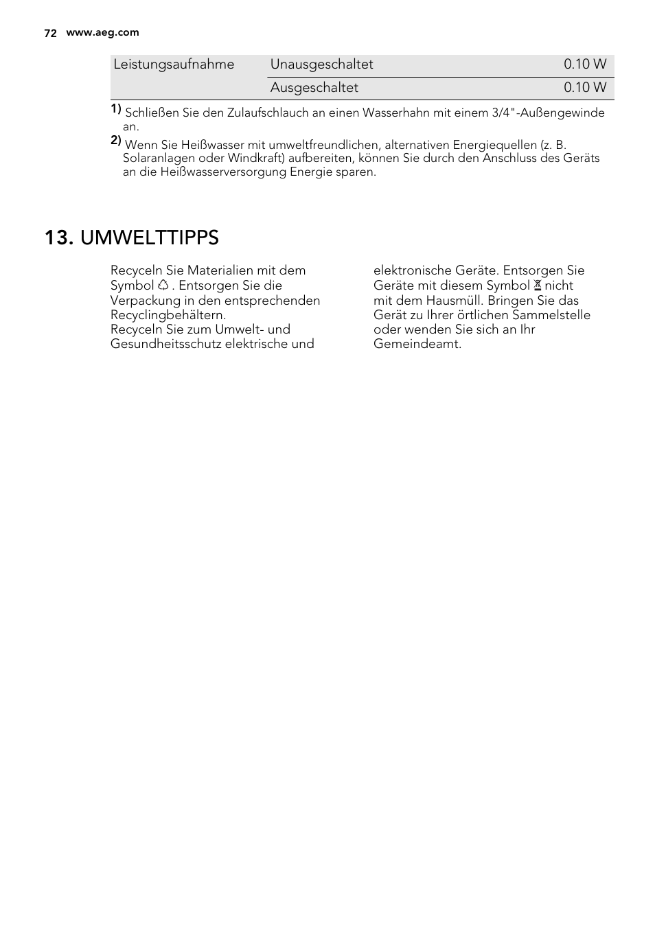 Umwelttipps | AEG F77012W0P User Manual | Page 72 / 76