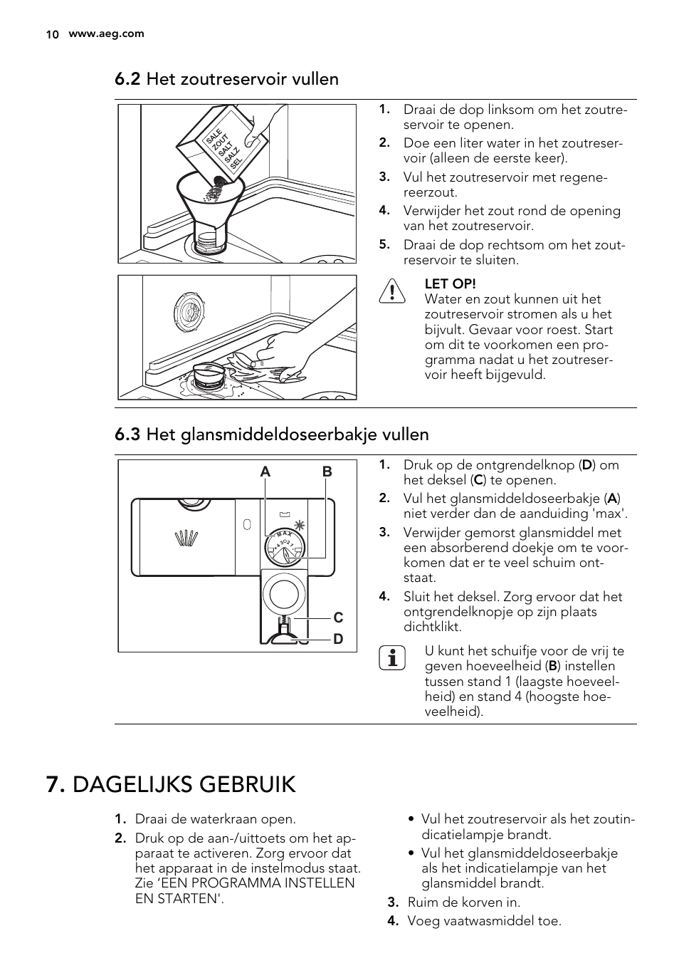Dagelijks gebruik, 2 het zoutreservoir vullen, 3 het glansmiddeldoseerbakje vullen | AEG F77028W0P User Manual | Page 10 / 76