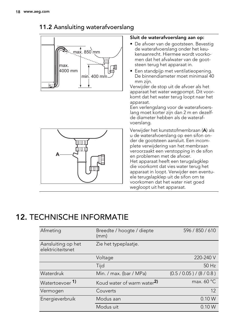 Technische informatie, 2 aansluiting waterafvoerslang | AEG F77028W0P User Manual | Page 18 / 76