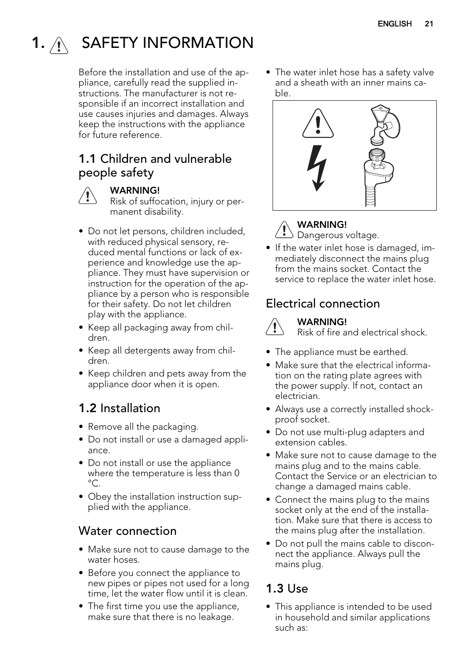 Safety information, 1 children and vulnerable people safety, 2 installation | Water connection, Electrical connection, 3 use | AEG F77028W0P User Manual | Page 21 / 76
