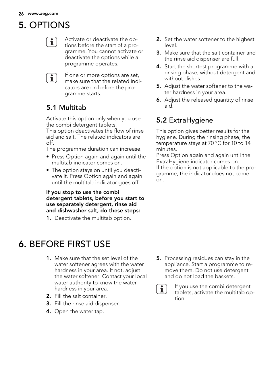 Options, Before first use, 1 multitab | 2 extrahygiene | AEG F77028W0P User Manual | Page 26 / 76