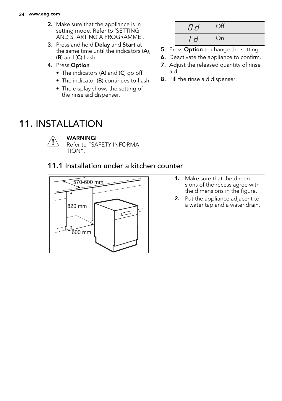 Installation, 1 installation under a kitchen counter | AEG F77028W0P User Manual | Page 34 / 76