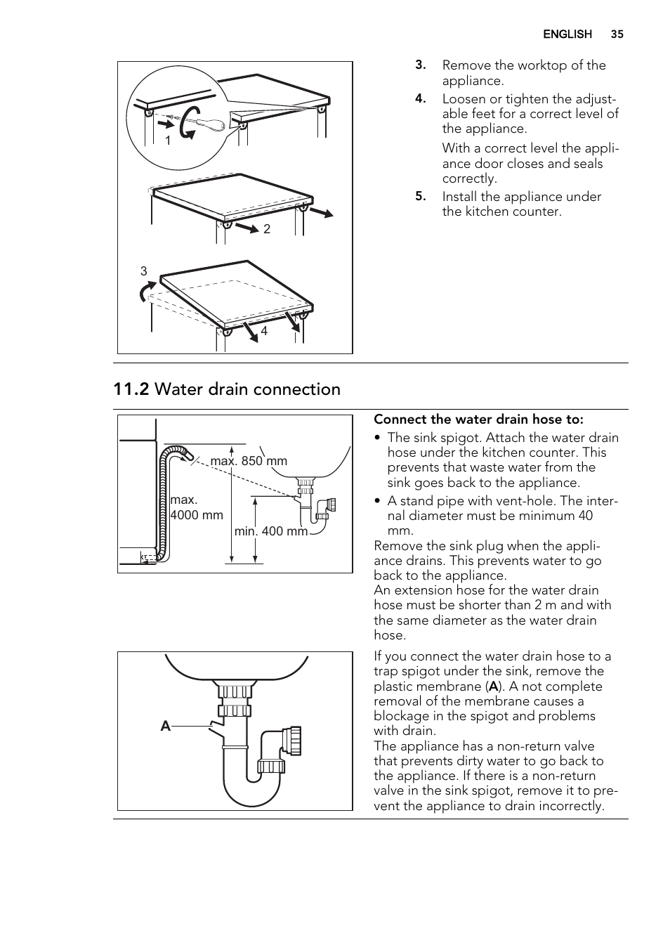 2 water drain connection | AEG F77028W0P User Manual | Page 35 / 76