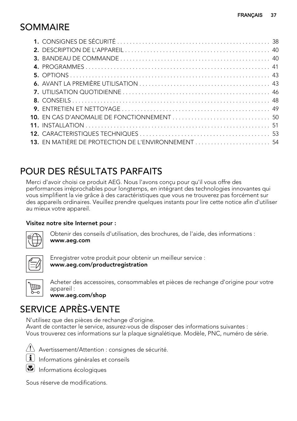 Sommaire, Pour des résultats parfaits, Service après-vente | AEG F77028W0P User Manual | Page 37 / 76